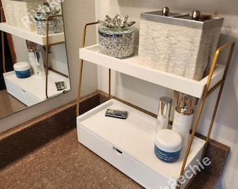 2 Tier Wood Bathroom Countertop Organizer With Drawer | Counter Organizer | Sink Shelf | Vanity Organizer | Perfume Tray