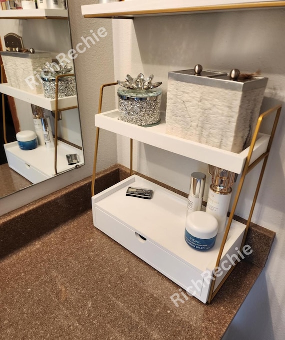 2 Tier Wood Bathroom Countertop Organizer With Drawer | Counter Organizer | Sink Shelf | Vanity Organizer | Perfume Tray