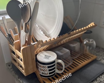 Bamboo Dish Drying Rack | Collapsible Dish Rack with Utensil Holder | Folding Drying Holder | Kitchen Organizer | Dish Drainer