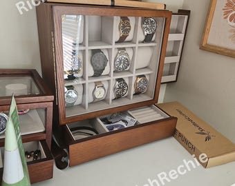 12 Slots Wooden Watch Box with Drawer | Watch Organizer | Watch Storage | Watch Display Case | Watch Display Cabinet | Gift For Him