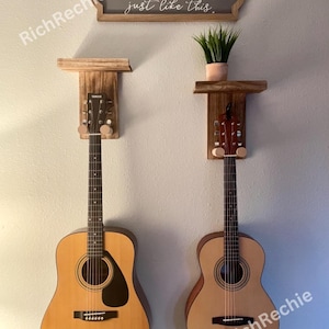 Set of 2 Wood Guitar Wall Mount Hanger with Shelf & Pick Holder | Guitar Hanger Wall | Guitar Hanger | Ukulele | Gift For Him
