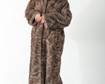 Genuine Mink Fur Coat - Real Mink Fur Coat - Women Coat - Saga Mink Fur Coat - Mink Coat - Flower Patterned - Art - Blueirish