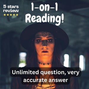 Può includere: Immagine di una persona con trucco scuro e un cappello nero, che tiene in mano una candela accesa in un supporto geometrico. Il testo recita "1-on-1 Reading!" e "Unlimited question, very accurate answer."