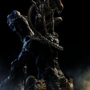 May include: A detailed sculpture of an Alien creature, crouching atop a rocky, textured base. The Xenomorph is dark gray with a long, segmented tail and a chain. Alien eggs are at the base. The background is black.