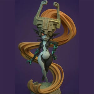 Może przedstawiać: Szczegółowa figurka postaci z dużym nakryciem głowy i powiewającymi włosami. Postać ma czarno-białe ciało z turkusowymi akcentami. Postać stoi na kamiennej podstawie na fioletowym tle.