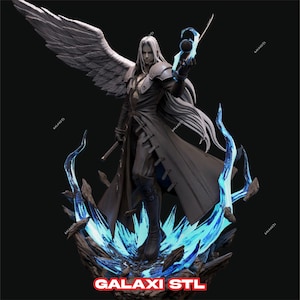 May include: A detailed 3D printed model of a character with long white hair, wearing a black coat and holding a sword. The character is standing on a base with blue flames. The base has the text "GALAXI STL" printed on it.