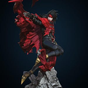 May include: A detailed figurine of a character in a dynamic pose, wearing a red cape and black outfit. The figure is holding a gun and is standing on a rocky base. The color palette includes red, black, and gold accents.