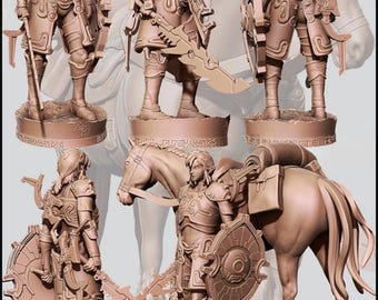 May include: A detailed, hand-painted figurine of a character from the Legend of Zelda video game series. The figurine is made of a light brown resin and depicts the character in a heroic pose, holding a sword and shield. The character is wearing a detailed armor with intricate designs. The figurine is mounted on a base with a decorative design.