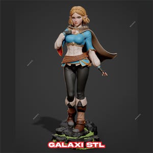 May include: A 3D printed figurine of a female character with blonde hair, blue eyes, and a blue and brown outfit. She is standing on a rocky base with green moss. The figurine is titled "GALAXI STL".