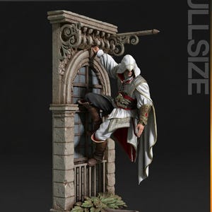 May include: A full-size figurine of a character in a white hooded robe with red accents, climbing a stone structure. The figurine is detailed with gold trim and brown boots. The word "TURNTABLE" is in the top left corner.