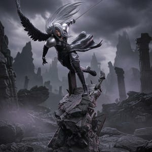 May include: A detailed figurine of a long-haired character with a single black wing, wearing dark armor and a flowing coat, holding a long sword while posed dynamically atop a jagged, rocky stone pedestal in a desolate, ruined landscape.