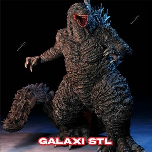 May include: A detailed, dark gray Godzilla figure with a textured, scaly appearance. The figure has a menacing open mouth with red interior, sharp claws, and dorsal fins. The text "GALAXI STL" is displayed in a red and white banner at the bottom.