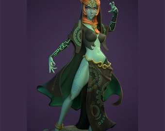May include: A detailed figurine of a female character with teal skin, wearing a black and brown outfit with gold accents. The figure has red hair and a headdress. The character is posed on a stone base.