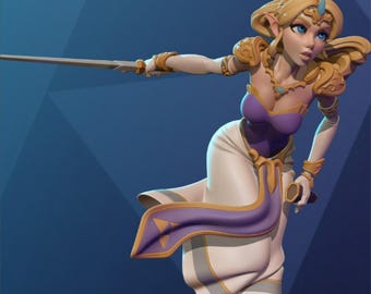 May include: A figurine of a female character with blonde hair, blue eyes, and pointed ears, wearing a white and purple dress with gold accents. She holds a silver sword, posed against a blue background. The figurine is detailed and stylized.
