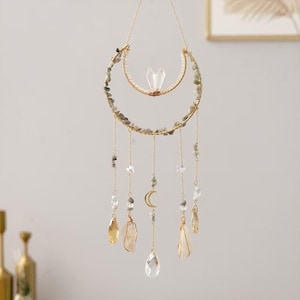 Gravel icicle moon catcher | Celestial Crystal Wall Hanging | Boho Rainbow Maker | Witchy Decor with Healing Stones