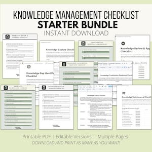 May include: A collection of printable checklists for knowledge management. The checklists are organised into categories such as knowledge capture, knowledge gap identification, knowledge contribution readiness, knowledge review and approval, and knowledge maintenance. The checklists are designed to help organisations manage their knowledge assets more effectively.