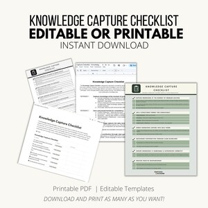 May include: A printable checklist for knowledge capture. The checklist is divided into sections with titles like "Capture knowledge at the moment of problem-solving" and "Use a structured format for consistency". The checklist is available as a downloadable PDF.