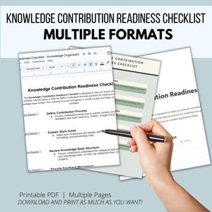 May include: A checklist for knowledge contribution readiness, with sections for defining the contribution process, explaining style guides, reviewing knowledge base structure, and providing feedback mechanisms. The checklist is designed to help ensure consistency in content quality and help contributors feel confident.