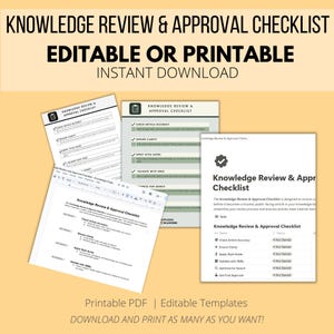 May include: A printable checklist for reviewing and approving knowledge articles. The checklist includes steps such as checking article accuracy, ensuring clarity, applying style guides, validating with SMEs, optimising for search, and getting final approval. The checklist is editable and can be downloaded instantly.
