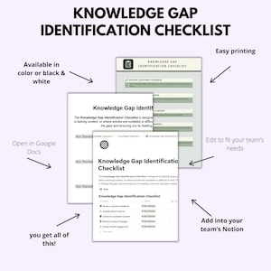 May include: A digital checklist titled "Knowledge Gap Identification Checklist" with text and arrows pointing to features like easy printing, Google Docs compatibility, and Notion integration. The checklist is available in colour or black and white.