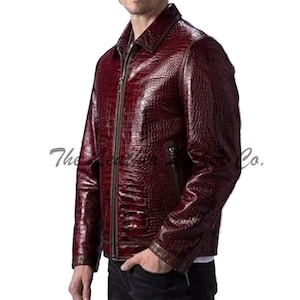 Blouson en cuir pour homme fait main motif crocodile bordeaux Blouson en cuir de luxe véritable Blouson motard en cuir texturé gaufré en alligator