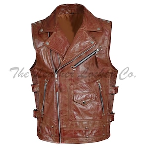 Chaleco de motociclista de cuero marrón auténtico envejecido, hecho a mano, para hombre, chaqueta de cuero, chaleco de piel de oveja sin mangas