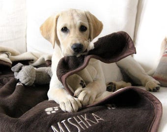 Personalized Dog Blanket, Custom Pet Name Blanket, Paw Print Fleece Throw