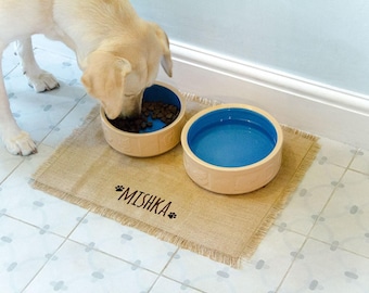 Personalised Dog Feeding Mat with EMBROIDERED name, Dog Placemat, Pet Placemat for Dog Food Bowl. Hessian Dog Mat Placemat