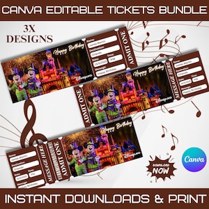 3X editierbare Disneyland & Disney World Tickets: Überraschungs-Freizeitpark Urlaub enthüllen (Canva Printable)