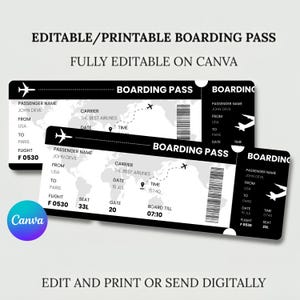 Modèle de carte d'embarquement modifiable, billet d'avion imprimable, billet de voyage surprise, cadeau personnalisé, billet d'avion Canva, téléchargement numérique
