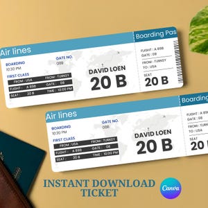 Plantilla de tarjeta de embarque editable, billete de avión en Canva, billete de avión imprimible, cupón de viaje personalizado, regalo de descarga digital