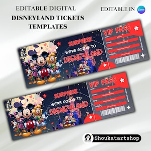 Editable Disneyland & Disney World Ticket, Printable Disney Pass Gift, Disneyland Paris Vacation Ticket,  Canva Template,  Instant Download