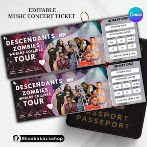 Editable Canva Descendants Zombies Concert Ticket, Printable Worlds Collide Tour 2025, Surprise Gift Reveal, Digital Concert Ticket Template