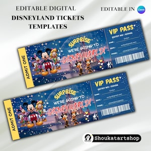 Editable Disneyland Surprise Trip Ticket, Printable Disney World Gift Voucher, Canva Template, Instant Download