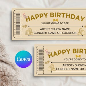 Modèle de billet d'anniversaire modifiable, carte d'embarquement d'anniversaire à imprimer, bon cadeau numérique, billet surprise pour joyeux anniversaire, billet Canva