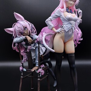 May include: Two anime figurines of a female character with pink hair and bunny ears. The figurine on the left is sitting on a wooden chair with pink roses. The figurine on the right is standing with a white dress and black stockings.
