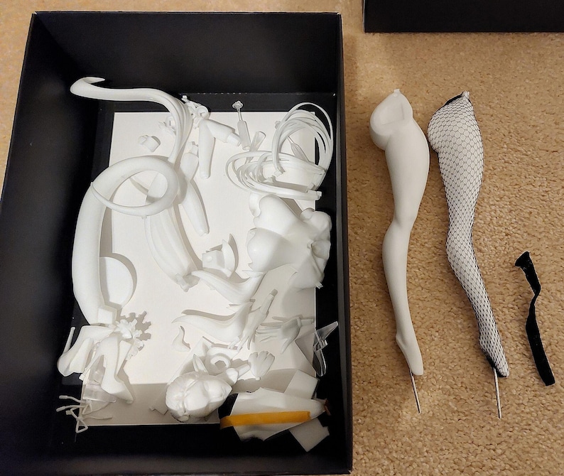 May include: A white plastic model kit of a female figure with various body parts and accessories. The kit includes a pair of legs with fishnet stockings, a pair of legs with a smooth finish, and a variety of other pieces.