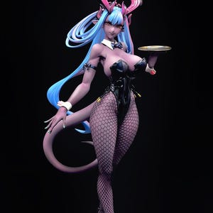 May include: A purple-skinned figure with blue hair and horns wearing a black bunny costume and holding a silver tray. The figure is wearing black fishnet stockings and high heels.