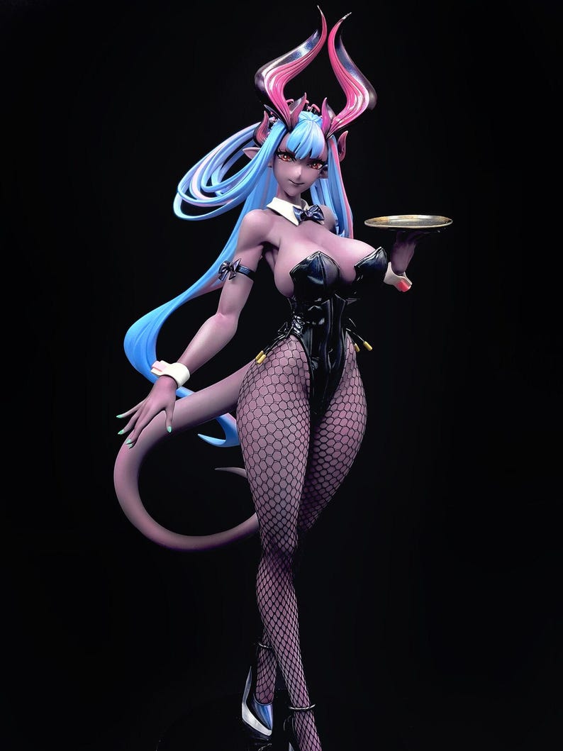 May include: A purple-skinned figure with blue hair and horns wearing a black bunny costume and holding a silver tray. The figure is wearing black fishnet stockings and high heels.