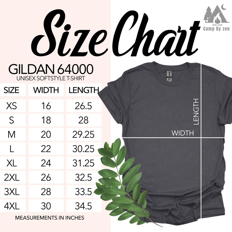 Puede incluir: Tabla de tallas para una camiseta unisex Gildan 64000 softstyle. La tabla muestra las medidas de ancho y largo en pulgadas para las tallas XS a 4XL.