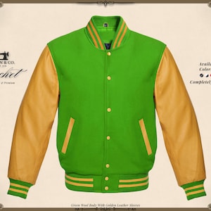 Light Green Varsity Jacket With Golden Leather Sleeves, College Letterman, Retro Baseball Varsity Coat
