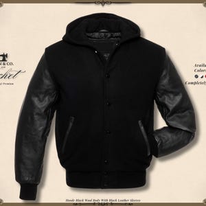 May include: Black hooded jacket with black leather sleeves. The jacket has a button-up front, two pockets, and a ribbed hem and cuffs. The text "KHAN & CO." and "Jacket" are visible on the left side. Available in all colors and sizes, completely customizable.