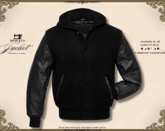 Hooded Black Wool Varsity Jacket: Leather Sleeves, Letterman Style, Custom jackets