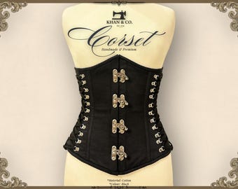 Black Underbust Cotton Corset | Graphite Lock | Waist Trainer | Steel Boned Gothic Corset | Side Lace Corset Top | Custom Corset Sizes