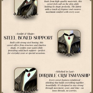 May include: A black corset with a leather-like appearance, featuring a high collar and a decorative pendant. The image highlights the corset's premium fabrics, steel boning, and durable craftsmanship. Text on the image reads "Premium Fabrics", "Steel Boned Support", and "Durable Craftsmanship".