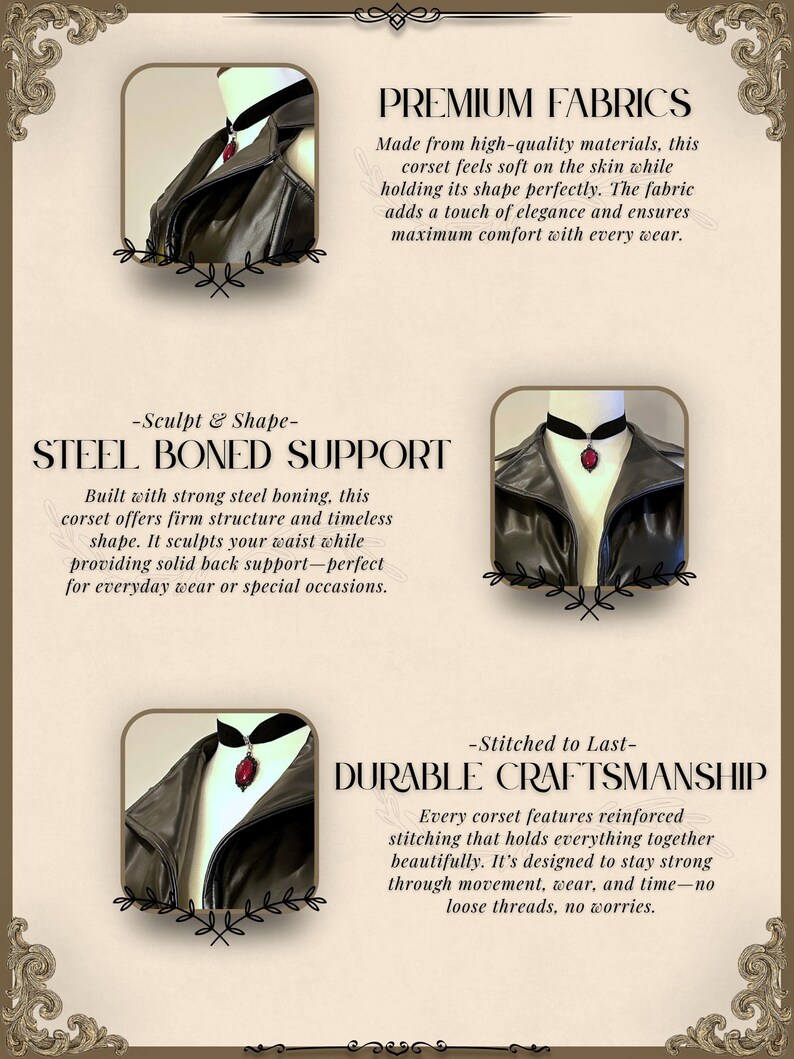 May include: A black corset with a leather-like appearance, featuring a high collar and a decorative pendant. The image highlights the corset's premium fabrics, steel boning, and durable craftsmanship. Text on the image reads "Premium Fabrics", "Steel Boned Support", and "Durable Craftsmanship".