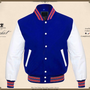 Può includere: Giacca blu in lana con maniche in pelle bianca. La giacca ha una chiusura con bottoni, colletto, polsini e fascia in vita a righe rosse e bianche. Il testo "KHAN & CO. Jacket" è sul lato sinistro. Disponibile in tutti i colori e taglie, completamente personalizzabile.