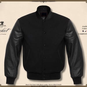 May include: Black wool body jacket with black leather sleeves. The jacket has a button-up front, a ribbed collar, and cuffs. The text "KHAN & CO." and "Jacket" are visible in the upper left corner. The jacket is completely customizable.