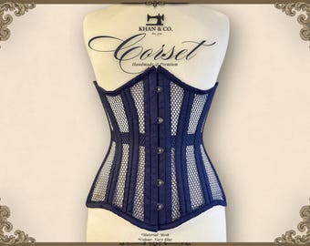 Blue Mesh Underbust Corset | Steel Boned Waist Cincher - Plus sizes available 3XS-9XL