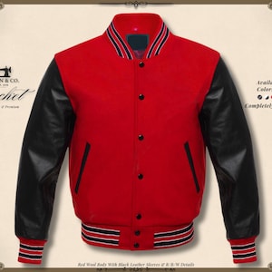 Puede incluir: Chaqueta roja de lana con mangas de cuero negro. La chaqueta tiene cierre de botones, bolsillos negros y detalles a rayas en el cuello, puños y cintura. El texto de la imagen dice "KHAN & CO. Jacket Handmade & Premium" y "Available in All Colors & Sizes Completely Customizable."